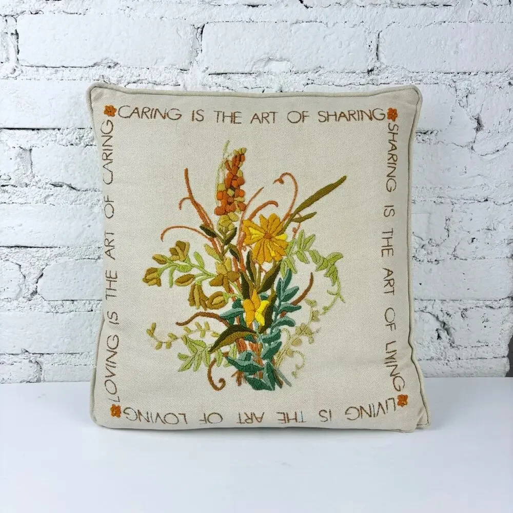 Vintage Embroidered Crewl Caring Is The Art Of Sharing Pillow